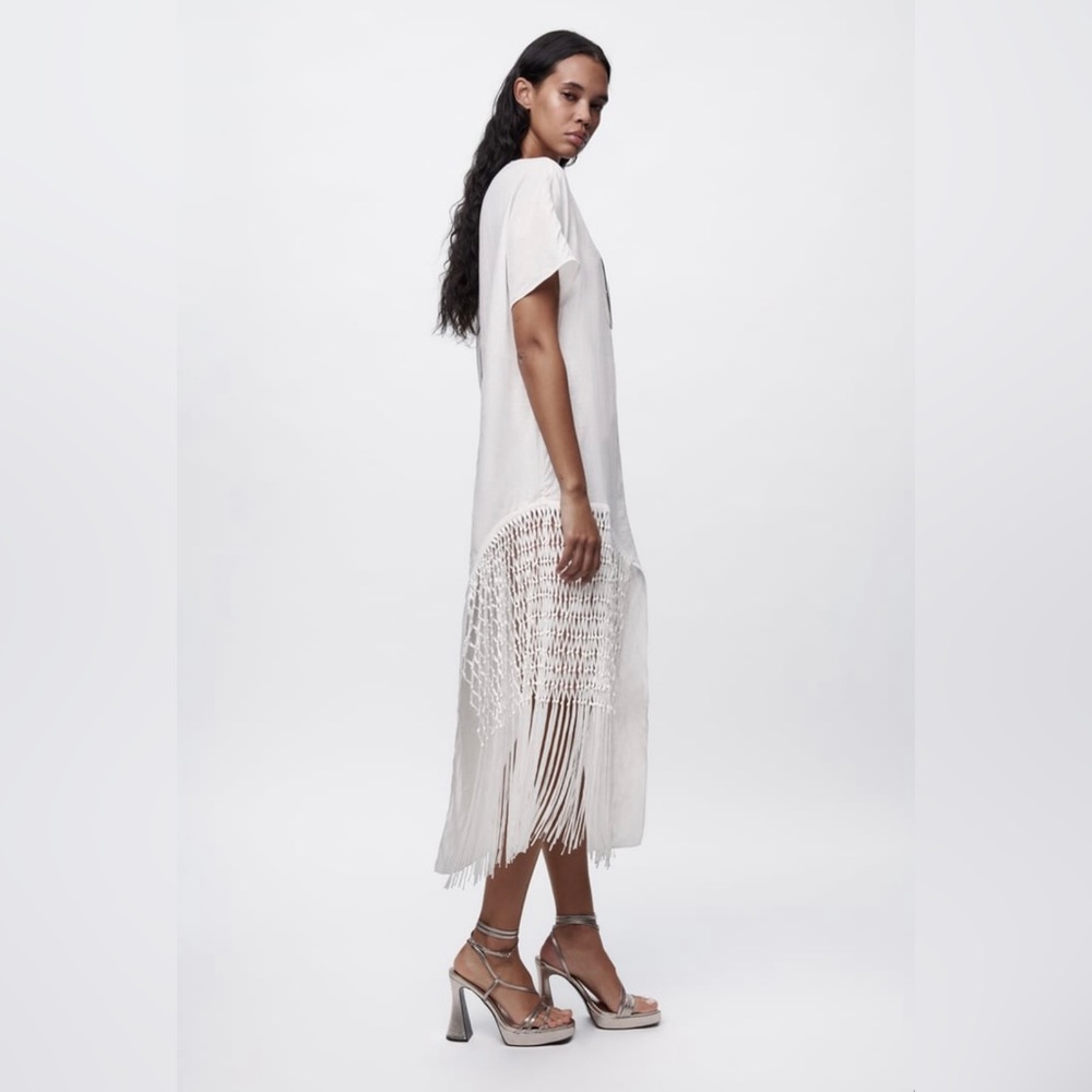 Zara Fringed White Linen Dress - Picture 3 of 9